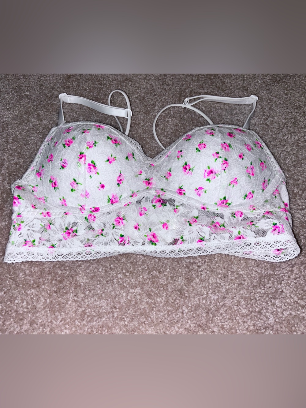 PINK Victoria's Secret White PushUp Lace Bralette with Pink Floral Print